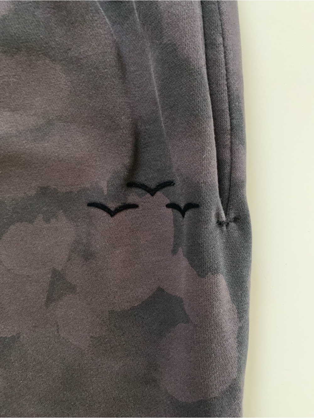 #14 LAZYPANTS / Gray Camouflage Jogger Bottoms with Bird Embroidery